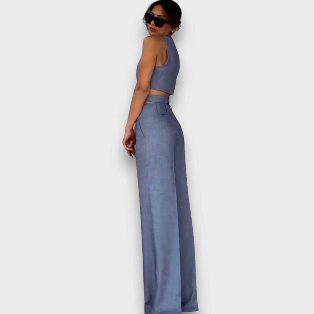 Solange – White Set with Waist Belt and Wide Leg