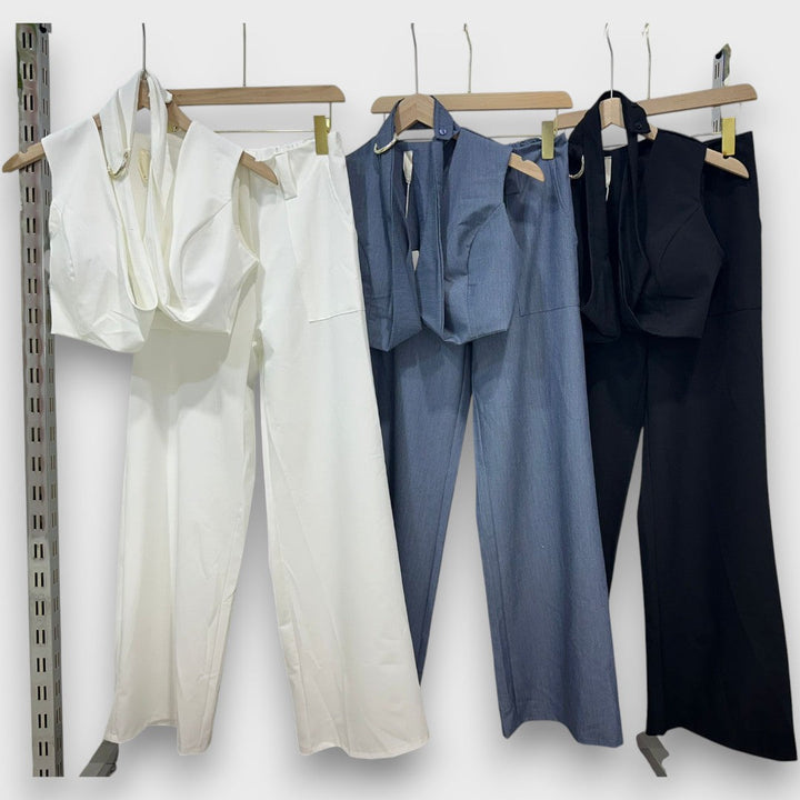 Solange – White Set with Waist Belt and Wide Leg