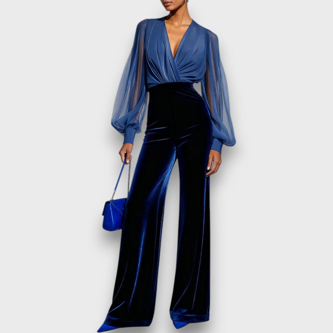 Valenya – Mesh-Sleeve Velvet Evening Jumpsuit