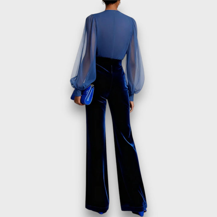 Valenya – Mesh-Sleeve Velvet Evening Jumpsuit