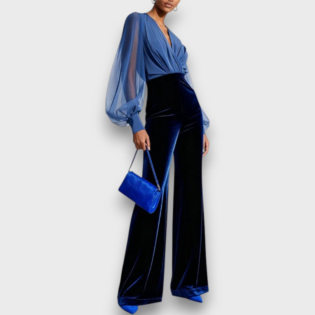 Valenya – Mesh-Sleeve Velvet Evening Jumpsuit